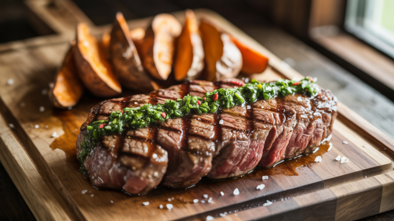 New York Strip with Chimichurri and Roasted Sweet Potatoes