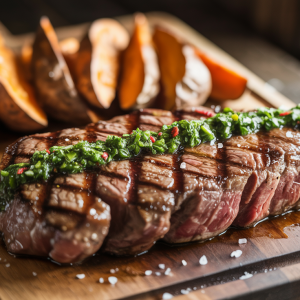 New York Strip with Chimichurri and Roasted Sweet Potatoes